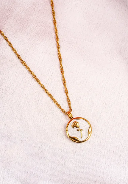 Golden Engraved Rose Shimmer Chain Pendant Necklace