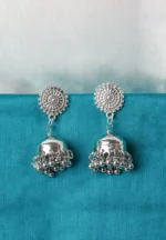 Oxidized silver-tone metal drop earring featuring a circular top with intricate floral detailing, attached to a jhumka adorned with ghungroos at the bottom, secured with a push-back closure.