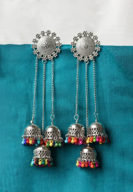 Silver Long Multi Colour Beaded Jhumka Earrings