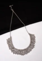 Timeless oxidized silver-tone curb chain necklace adorned with circular beads and tiny ghungroos, finished with a sturdy lobster clasp for a secure fit.