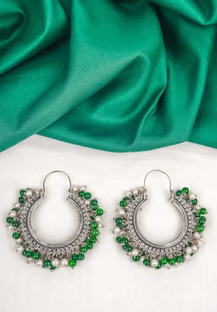 Silver Tone Moti Hoop Earrings
