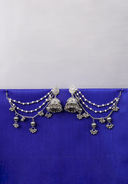 Oxidised Jhumka Pearl Hair Chain Earrings