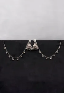 Antique-style silver-tone jhumka ear hair chain earring featuring teadrop top, a chain tassel detailed with pearl beads and a delicate chain with circular line charms, finished with a push-back closure, with ghungroos at the end with a curved hook closure.