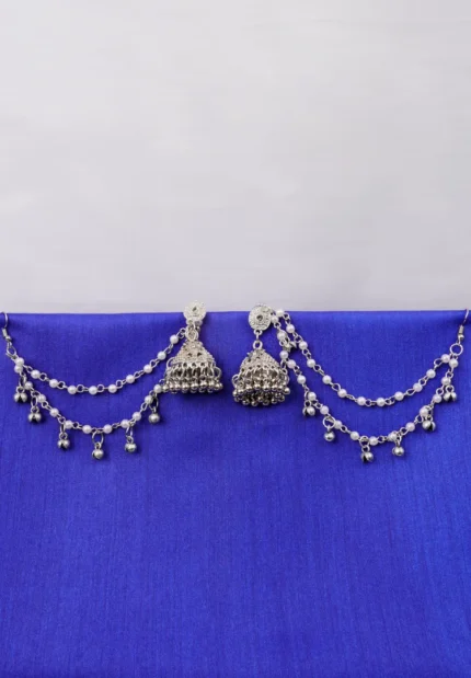 Antique-style silver-tone jhumka ear hair chain earring featuring teadrop top, triangular jhumkas having chain tassel detailed with pearl beads and a delicate chain with circular line charms, finished with a push-back closure, with ghungroos at the end with a curved hook closure.
