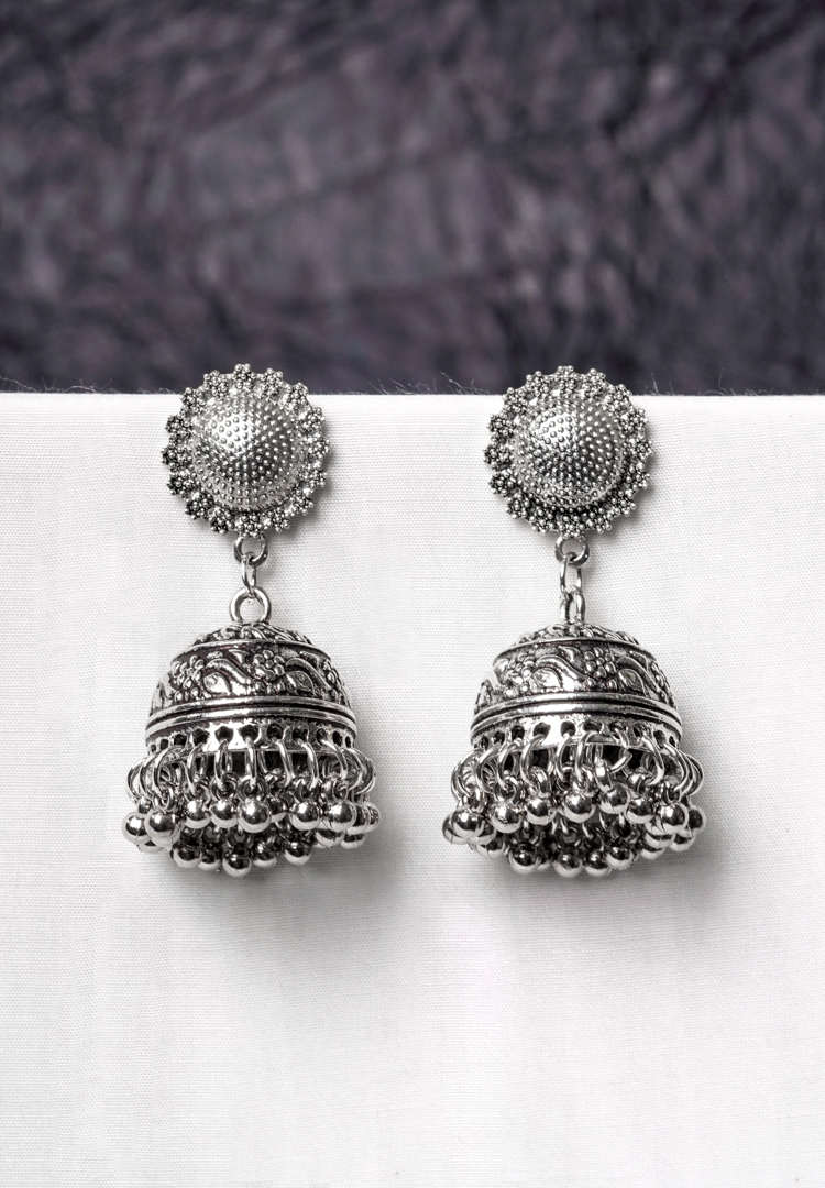 397-Th Oxidised jhumka earrings with complex floral detailing, featuring a finely detailed circular top, delicate detailing, and ghungroos at the bottom, secured with a push-back closure