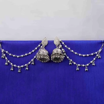 Antique-style silver-tone jhumka ear hair chain earring featuring teadrop top, a chain tassel detailed with pearl beads and a delicate chain with circular line charms, finished with a push-back closure, with ghungroos at the end with a curved hook closure.