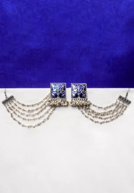 Ethnic-inspired silver-tone geometric ear hair chain earring with an intricately detailed square centerpiece, blue enamel inlay, pearl-studded chain tassels, and a series of delicate charms with ghungroos.