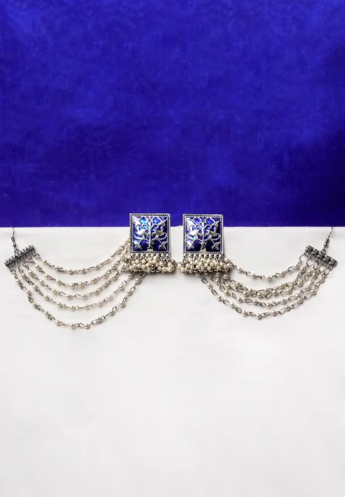 Ethnic-inspired silver-tone geometric ear hair chain earring with an intricately detailed square centerpiece, blue enamel inlay, pearl-studded chain tassels, and a series of delicate charms with ghungroos.