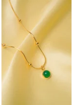 Dainty gold-tone satellite chain necklace designed with a glowy multicolored green gemstone pendant and lobster claw clasp