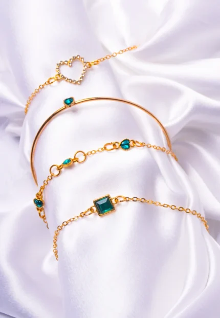 Golden Green Heart Rhinestone Bangle Bracelet Combo