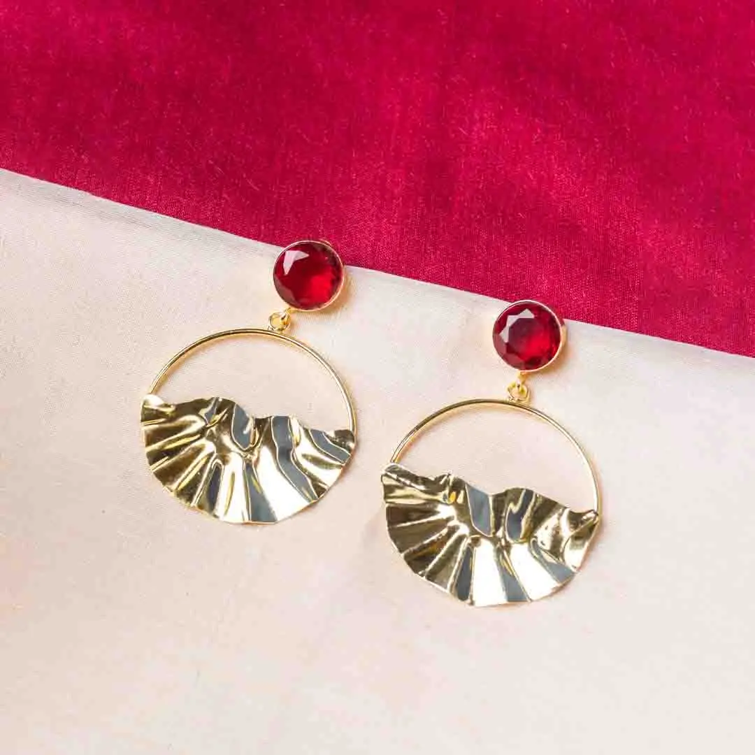 448-Th_2 Trendy gold-tone/navy blue hoop earring with a hammered finish, layered hoop design, blue dangling circular beads, and a striking blue stone on top, fastened with a push-back closure.