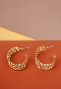 Trendy mini C-hoop earring with a polished silver-tone, golden tone/crimson red finish featuring dangling reddish stone chip beads at the bottom and , push-back post.