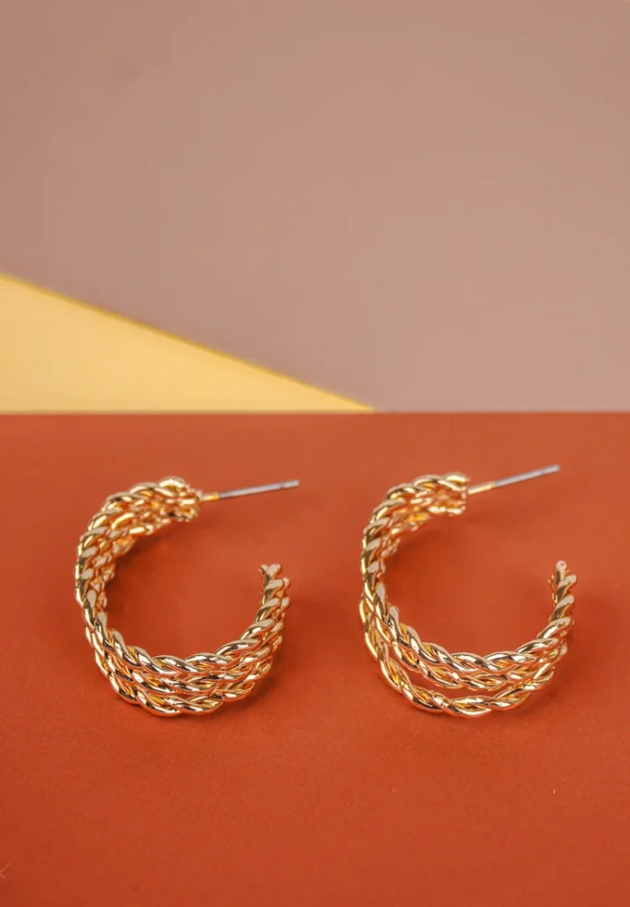 Trendy mini C-hoop earring with a polished silver-tone, golden tone/crimson red finish featuring dangling reddish stone chip beads at the bottom and , push-back post.