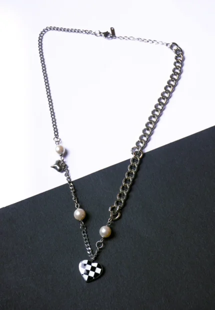 Silver Checked Heart And Charms Chain Necklace