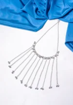 Traditional oxidized silver-tone curb chain necklace featuring a semi-circle shaped pendant with fine detailing, pearl clusters, and a delicate row of pearls along the edge, finished with an S-hook clasp.