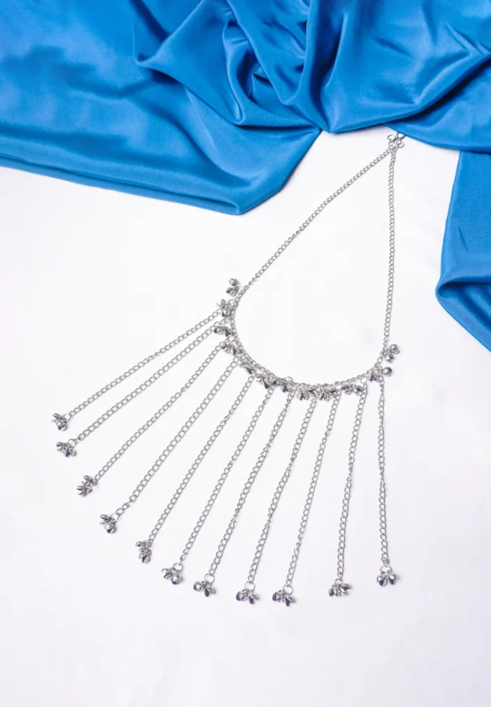 Traditional oxidized silver-tone curb chain necklace featuring a semi-circle shaped pendant with fine detailing, pearl clusters, and a delicate row of pearls along the edge, finished with an S-hook clasp.
