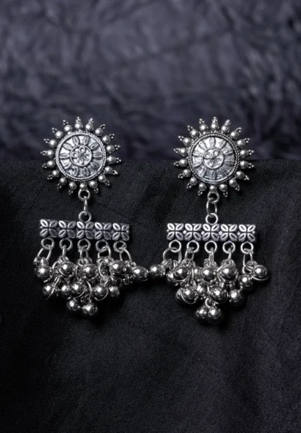 Intricately designed metal dangle earring with a floral-detailed circular top, accented with circular beads and finished with a push-back closure.