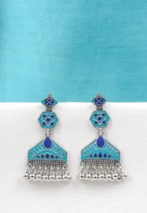 Delicately designed geometric metal dangle earrings with oxidised silver-tone finish, showcasing colored enamel enamelling, dangly ghungroos, and a secure push-back closure.