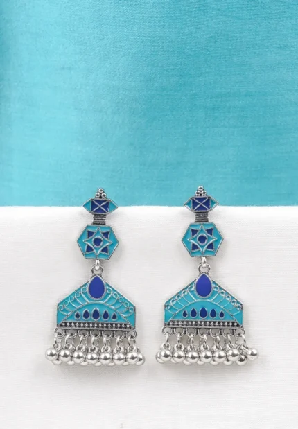 Delicately designed geometric metal dangle earrings with oxidised silver-tone finish, showcasing colored enamel enamelling, dangly ghungroos, and a secure push-back closure.