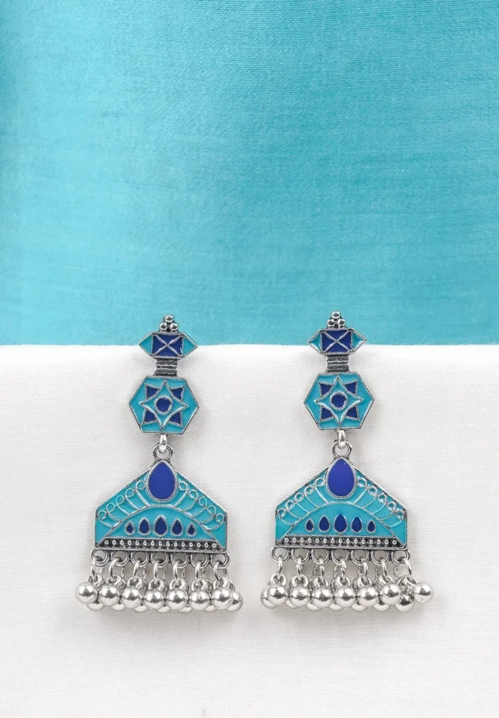 Delicately designed geometric metal dangle earrings with oxidised silver-tone finish, showcasing colored enamel enamelling, dangly ghungroos, and a secure push-back closure.
