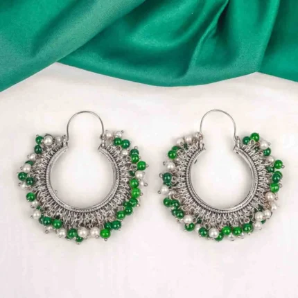 Silver Tone Moti Hoop Earrings