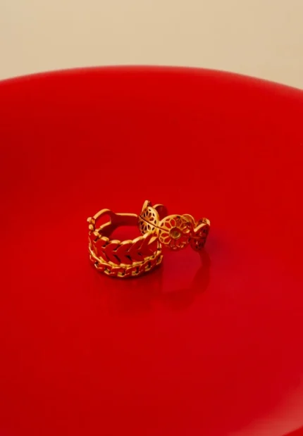 Pack of 2 Golden Filigree Floral Band And Leaf Chain Rings