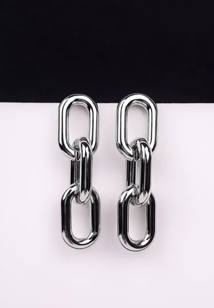 Chunky geometric chain link earrings in shiny silver, featuring bold links and secure post-back closure.