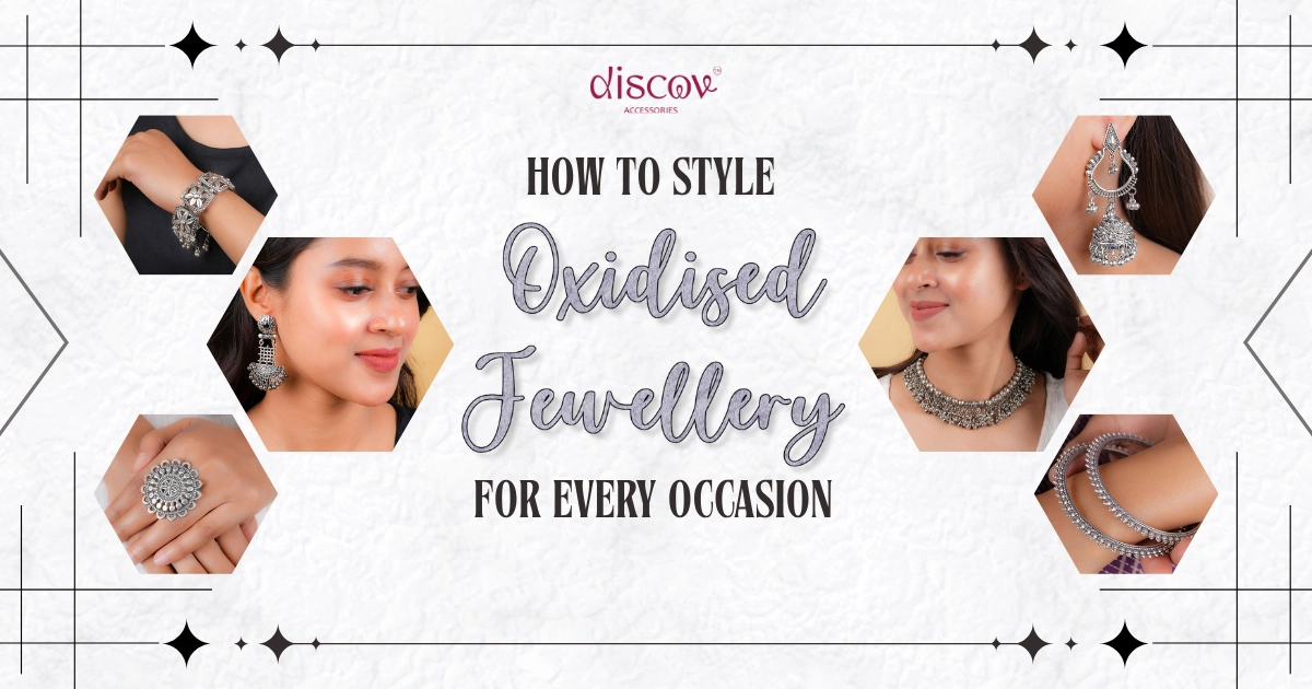 Elegant flatlay of oxidised jewelry including layered necklaces, jhumkas, bangles, and rings styled with ethnic and Western outfits – perfect for every occasion