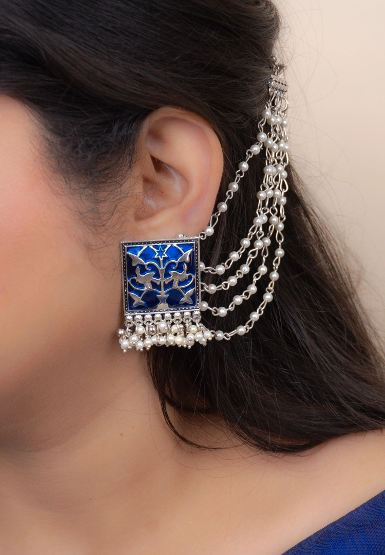 Oxidised Meenakari Ear Chain Earrings