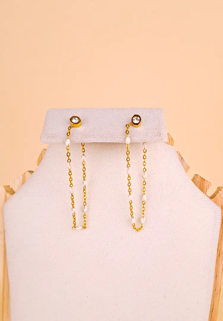 20251121_113602 Gold drop earring featuring tiny white beads and a crystal top.