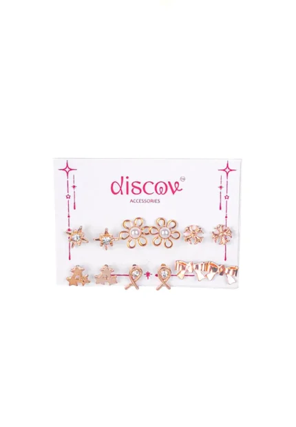 Starfall Mini Stud Pack featuring gold-toned studs in floral, leaf, and crystal designs.
