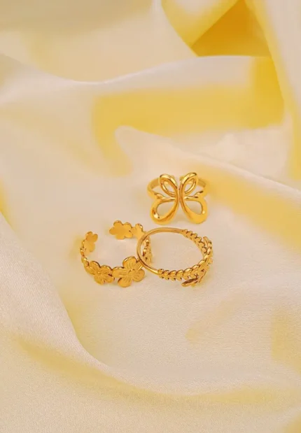 Golden Floral and Leaf Ring Set of 3, Adjustable Nature-Inspired Rings for Daily and Festive Wear