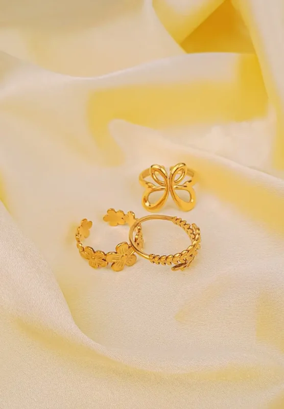 Golden Floral and Leaf Ring Set of 3, Adjustable Nature-Inspired Rings for Daily and Festive Wear