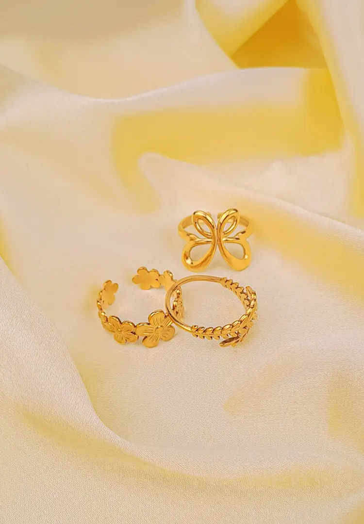 TH (84) Golden Floral and Leaf Ring Set of 3, Adjustable Nature-Inspired Rings for Daily and Festive Wear