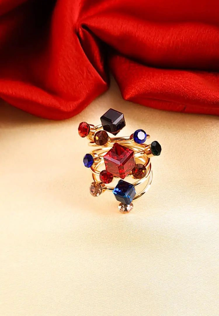 TH-MULTI-654 Set of open adjustable ring with colorful square and round gemstone accents.