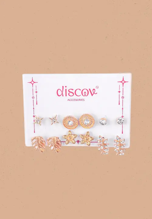 f (2) Collection of five pairs of gold-toned stud earrings, including bow shapes, textured flower studs, simple pearl domes, tiny gold balls, and clustered micro-bead designs.
