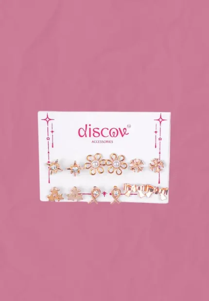 Starfall Mini Stud Pack featuring gold-toned studs in floral, leaf, and crystal designs.