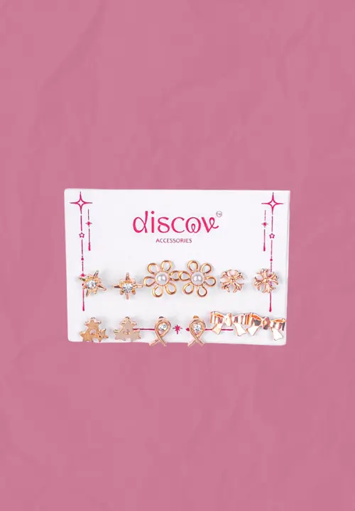 f (3) Starfall Mini Stud Pack featuring gold-toned studs in floral, leaf, and crystal designs.