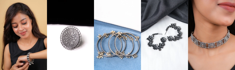 Woman styling oxidised jewellery with modern office wear