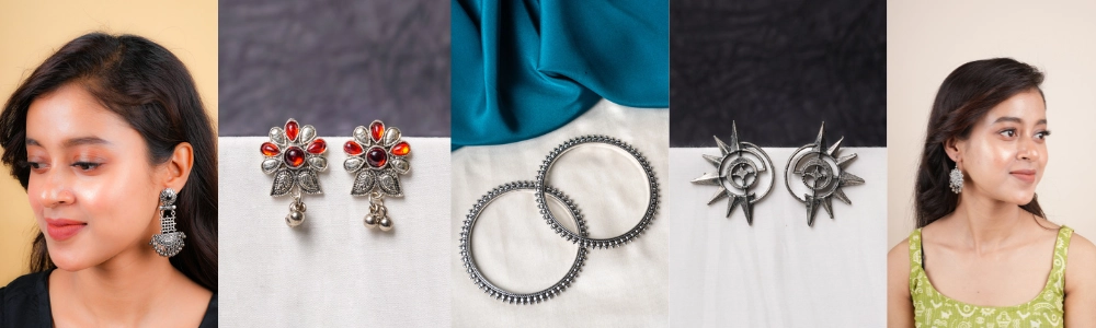 Modern office wear look with oxidised bracelets and rings