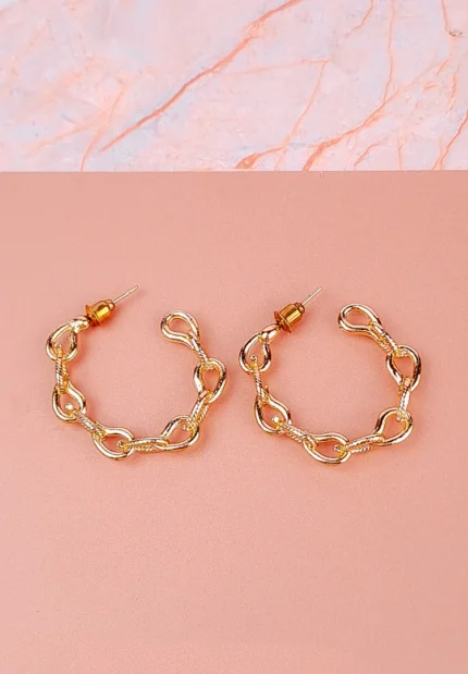 Chunky metal chain-link hoop earrings with polished finish and post closure on display card.