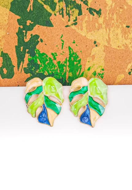 Jungle Muse Enamel Stud earring featuring a multi-colored tropical leaf with push-back closure.