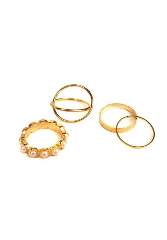 This four-piece polished gold-toned ring set includes a pearl-bordered statement ring, a crisscross band, a medium plain band, and a thin stacking ring.