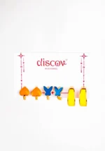 Gold hoop earrings combo with orange hearts, yellow arcs, turquoise butterflies, enamel details, hinged c-closure.