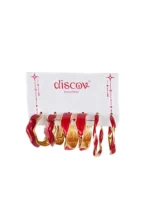 Set of three red hoop earrings with gold-tone finish, featuring a polished surface and push-back closures for a stylish look.