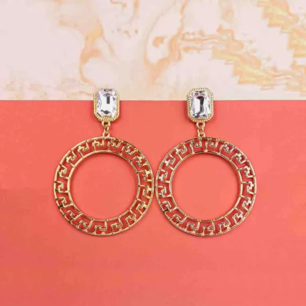 Gold geometric hoop earrings with crystal studs, Greek key design, and push-back closure.