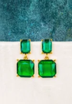 Drop earrings with rectangular faceted emerald-toned stones, polished prong setting, and push back posts.