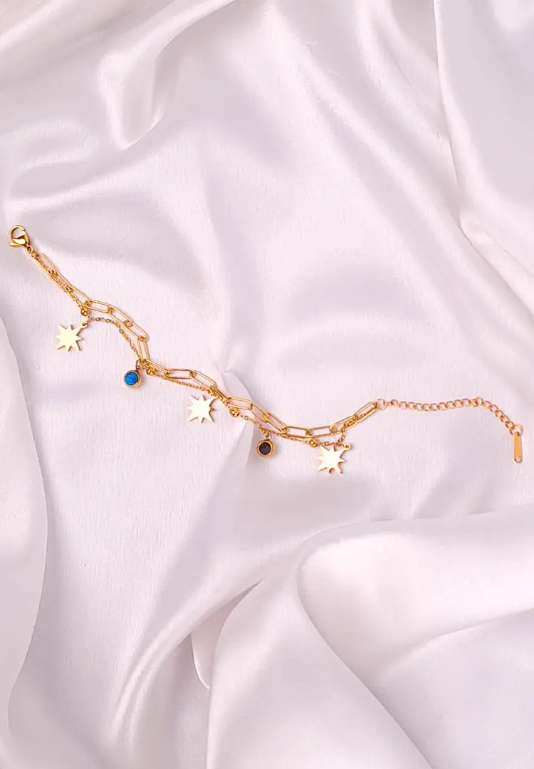 TH-671 Layered gold bracelet with star charms, turquoise bead, paperclip chain, and lobster clasp.
