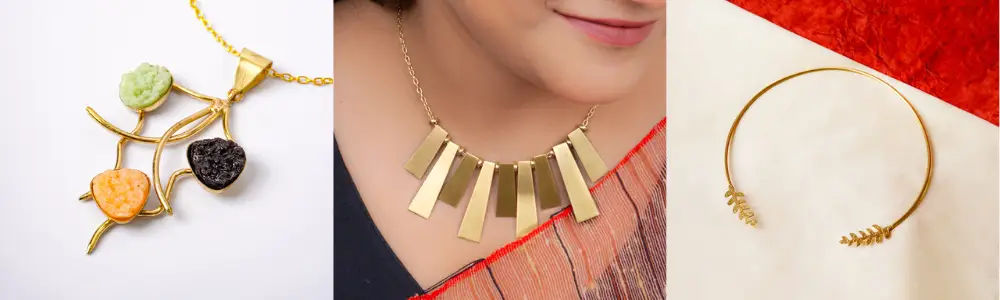 Bold statement brass necklace styled with a strapless gown showing the right brass necklace choice.