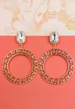 Gold geometric hoop earrings with crystal studs, Greek key design, and push-back closure.